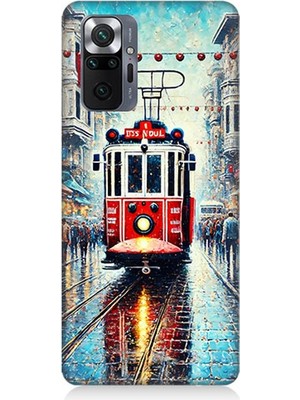Xiaomi Redmi Note 10 Pro Uyumlu Yağmurlu Sokakta Kırmızı Tramvay  Desenli Silikon Kılıf