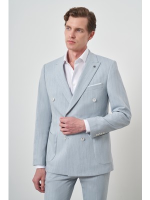  Erkek A. Mavi Çizgili Desen Kruvaze Slim Fit Sivri Yaka Takım Elbise