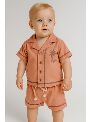 Palmiye Nakışlı Keten Görünümlü Pamuklu Erkek Şortlu Takım