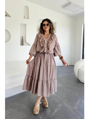 Eswomes Dantel ve Düğme Detaylı Uzun Keten Elbise Vizon