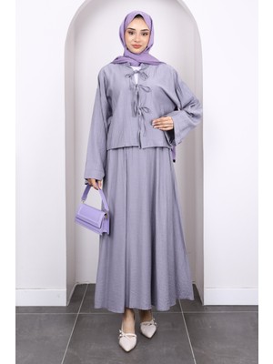 Gri Önü Bağlamalı Kimono Etekli Takım