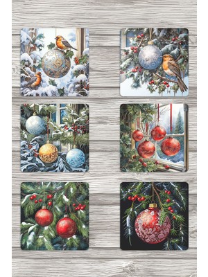 Yılbaşı Süsleri No:2 Baskılı 6'lı Set Dekoratif Ahşap Kare Bardak Altlığı