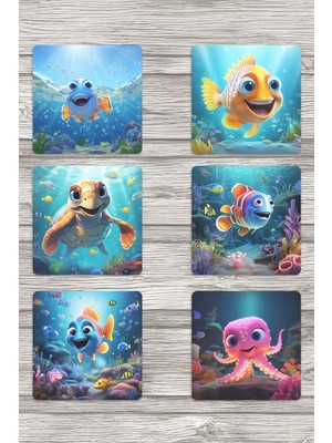 Sevimli Okyanus Balıkları No:1 Baskılı 6'lı Set Dekoratif Ahşap Kare Bardak Altlığı