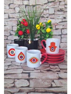 Nazar Boncuğu Desenli Baskılı Kırmızı 4'lü Porselen Türk Kahvesi Fincan Takımı