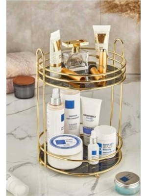 Iki Katlı Yuvarlak Gold Kahve Yanı Sunum ve Makyaj Organizeri, Meyve Sepeti