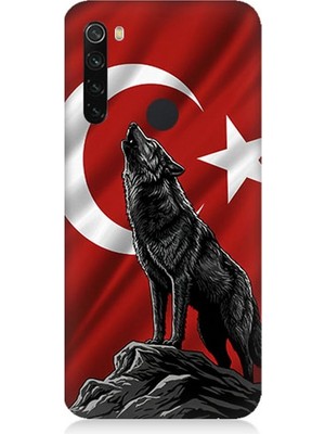 Xiaomi Redmi Note 8 Uyumlu Bayrak Önünde Uluyan Kurt  Desenli Silikon Kılıf