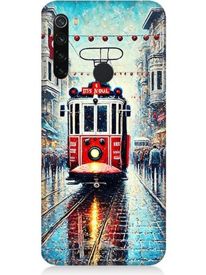 Xiaomi Redmi Note 8 Uyumlu Yağmurlu Sokakta Kırmızı Tramvay  Desenli Silikon Kılıf