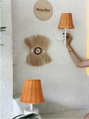 Turuncu Rattan ve Bambu Masa Üstü Kablosuz Pilli Abajur Beyaz