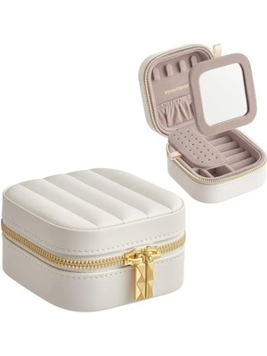 Şık Ekru Mini Lüx Aynalı Seyahat Takı Kutusu, Pratik ve Hafif Taşıma Için Uygun