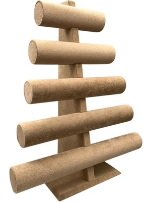 Süet Kumaş Bileklik ve Saat Sergileme Standı, 45/34 Cm, Beş Kademeli, Sütlü Kahve