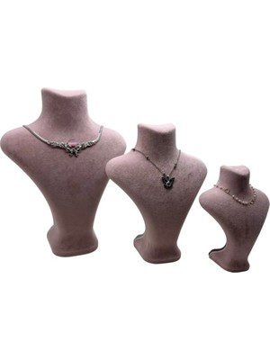 Yumuşak Süet Kumaşlı, Pembe Renkli, 3 Boy Takı Mankeni, Şık ve Zarif Tasarım