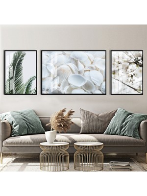 Harikabirev|soft Beyaz Çiçek Yeşil Yaprak Kombini |çerçeveli Temperli Cam Tablo 3lü Yatay