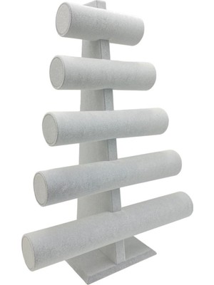 5 Kademeli Gri Takı ve Bileklik Standı, Kumaş Kaplama, Şık ve Fonksiyonel