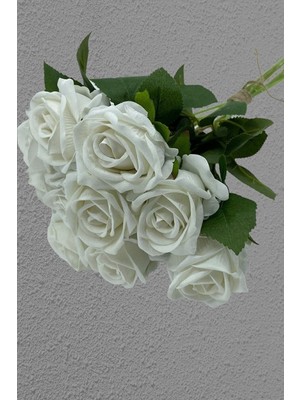 Beyaz Yapay Gül 10'lu, Kadife Yapraklı, Yüksek Kalite, Şık ve Zarif Dekorasyon Için