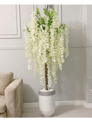 Beyaz Rüzgar Yapay Çiçek Darbuka Saksıda Akasya Ağacı Dekorasyon