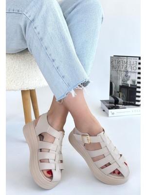 Kemerli Ortopedik Sandalet Cilt Bej Topuk Boyu 5 cm