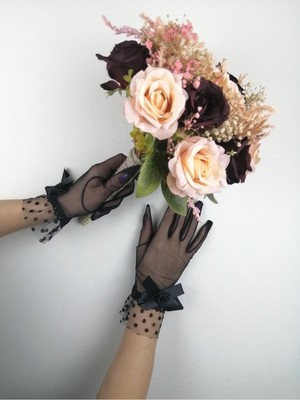 Renkli Gelin Çiçeği ve Siyah Fiyonklu Şık Eldiven Takımı