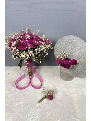 Koyu Fuşya Şakayık Çiçekli Gelin El Çiçeği ve Tacı Seti
