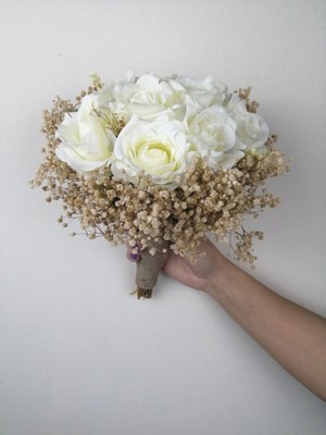 Beyaz Güllü Yapay Çiçekli Gelin Buketi ve Damat Yaka Çiçeği Seti