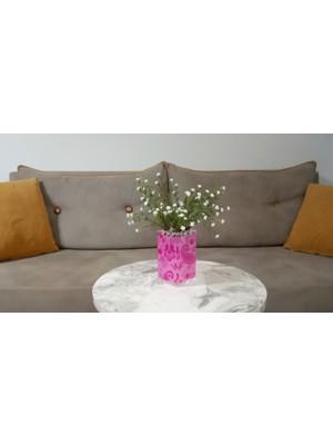 Beyaz Yapay Çiçek ve Vazo Dekoratif, Pembe Detaylı, 7X7X17 cm
