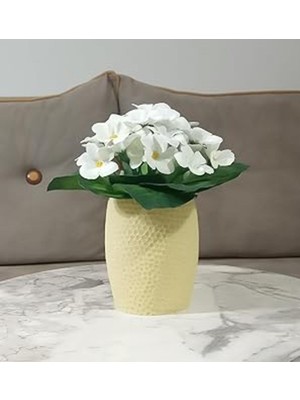 Beyaz Yapay Çiçekli, Sarı Petek Desenli, Poliresin Vazo 8X8X1