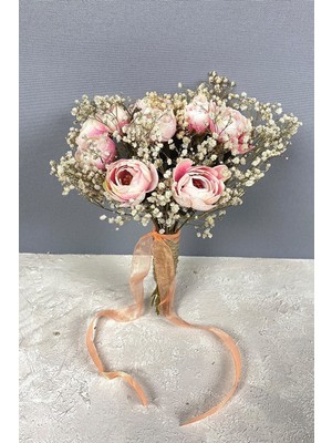 Pembe Yapay Gelin ve Damat Yaka Çiçeği, Şakayık ve Çiçek Detaylı Şık Set