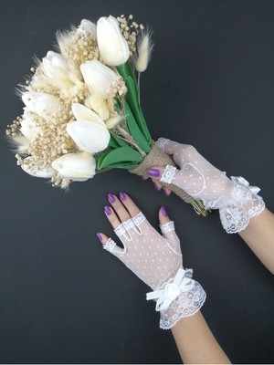 Beyaz Yapay Çiçekli Lale ve Eldiven Seti, Şık ve Zarif Düğün Dekorasyonu