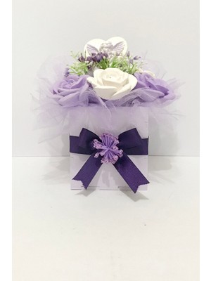 Mor Güller ve Melek Figürlü Kokulu Taş Aranjmanı, Şık ve Doğal Dekorasyon.