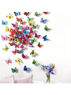 12 Adet Renkli 3D Kelebek Duvar Süsü Seti, Dekoratif ve Şık Tasarım