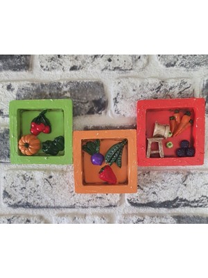 El Yapımı Dekoratif Duvar Süsü,sebze Meyve Objeli Çerçeve Seti 3'lü