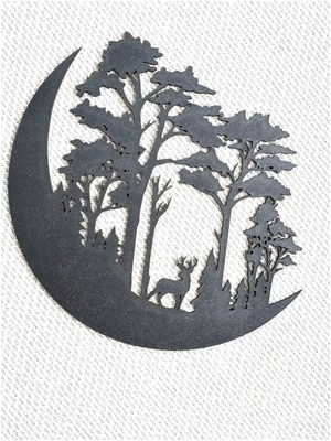 Ahşap Duvar Süsü, Ay Üstünde Geyik ve Orman Manzarası, 20X20 cm