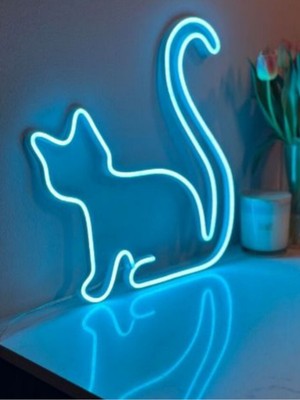 Mavi Neon Işıklı Kedi Dekorasyonu, Şık ve Parlak Ev Aksesuarı