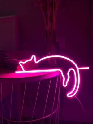 Pembe Neon LED Işıklı Kedi Figürlü Dekorasyon Parlak ve Şık Tasarım
