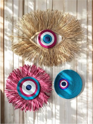 El Yapımı Turkuaz Hasır Duvar Tabağı Seti, Şık Dekoratif Aksesuar.