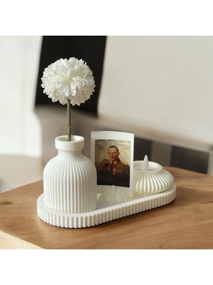 Şık Masa Üstü Dekor Seti - Mini Vazo, Mumluk ve Fotoğraf Tutucu Bulut ile Beyaz