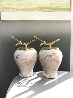 Şah Küp 2'li Dekoratif Obje, Gold Dal, Zamak ve Mermer Detaylar