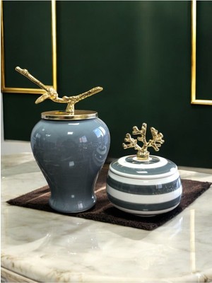 Şah Küp, Gri, Gold Dallı, Mercan Zamaklı, Klasik Zebra Dekoratif Obje