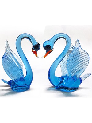 Iki Adet Mavi Kalpli Kuğu, 10 cm Yüksekliğinde, Şık ve Sevimli Dekoratif Obje