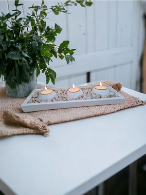 Üçlü Beyaz Çakıl Taşlı Dekoratif Mumluk Seti