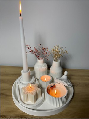 Beyaz Şamdan ve Kokulu Mum Takımı, Vazo ve Aksesuar Seti (Her Şey Dahil)