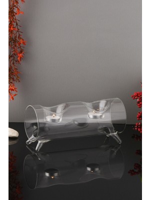 Turuncu Renkli 2'li Şeffaf Ayaklı Dekoratif Cam Mumluk Seti