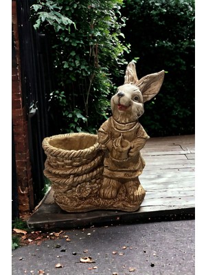 35CM Kahverengi Sepetli Tavşan Heykeli, Bahçe ve Ev Dekoru Için Şık Biblo.