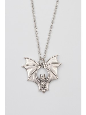 Gotik Yarasa Kolye - Düz Ezme Ithal Zincirli Unisex Gümüş Kaplama Kolye - 60 cm