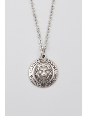 Kabartmalı Aslan Madalyon Kolye - Düz Ezme Ithal Zincirli Unisex Gümüş Kaplama - 60 cm