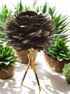 Tüylü Dekoratif Üçlü Tripod Ayaklı Abajur, Şık Siyah Tasarım