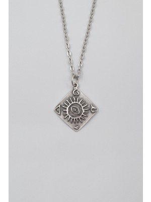 Güneş ve Göz Sembollü Düz Ezme Zincir Kolye - Antik Gümüş Kaplama - Kadın Erkek - 60 cm