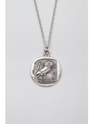 Yunan Mitolojisi Baykuş Düz Ezme Zincir Kolye - Antik Gümüş Kaplama - Kadın Erkek - 60 cm