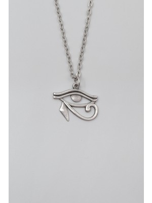 Ra'nın Gözü - Horus'un Gözü Düz Ezme Zincir Kolye - Antik Gümüş Kaplama - Kadın Erkek - 60 cm
