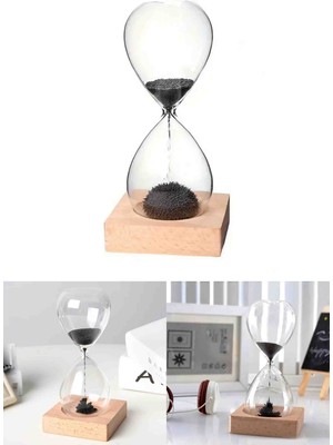 Manyetik Demir Tozu Cam Kum Saati Dekoratif Masaüstü Ofis Aksesuarı Seti Hediyelik Sıradışı Tasarım Ahşap Standlı Özel Seri