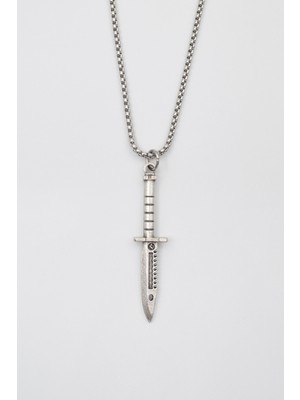 Testere Dişli Taktik Bıçak Örme Zincir Kolye - Antik Gümüş Kaplama - Kadın Erkek - 60 cm